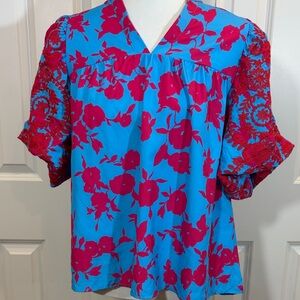 Umgee Red Floral on Blue Blouse